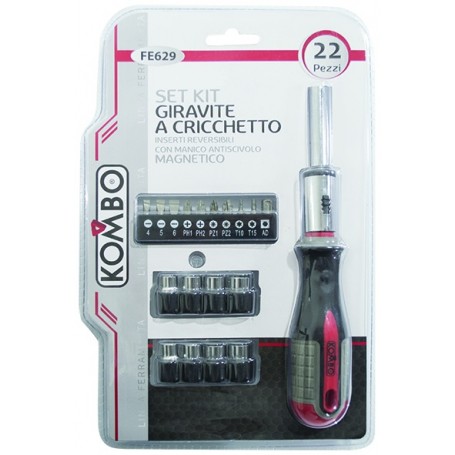 GIRAVITE A CRICCHETTO + SET 22 PUNTE STANDARD,PHILLIPS, TORX,ESAGONALI E CHIAVI A BUSSOLA