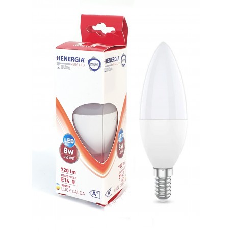 HENERGIA VEGA CANDELA C37 8W LED 3000K LUCE CALDA 720LM E14 CHIP SAMSUNG