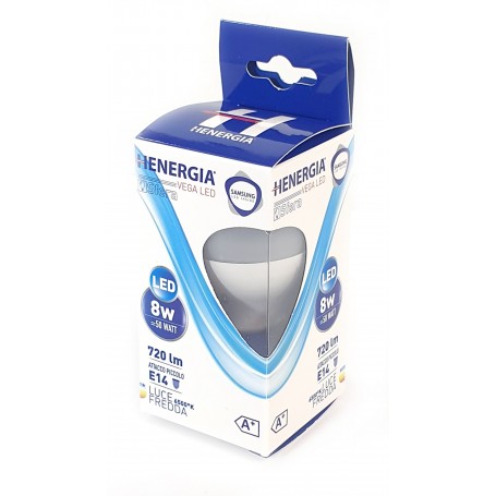 HENERGIA VEGA SFERA P45 8W LED 6500K 720LM E14 LUCE FREDDA CHIP SAMSUNG