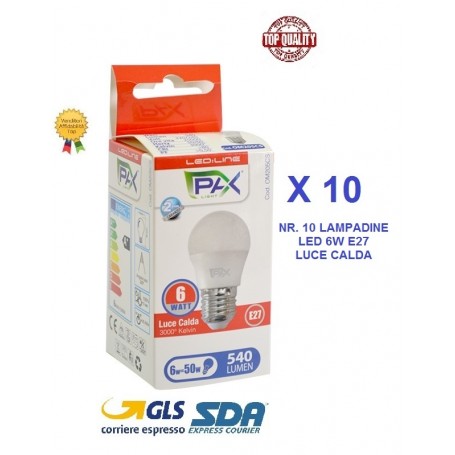 KIT 10 PZ SFERA LED G45 6W 540LM 3000K E27 A+ 45*79MM 25000H LUCE CALDA