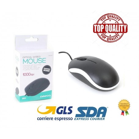 OMEGA MOUSE OM07 OPTICAL WIRED 1000DP CON FILO USB 125CM COLORE NERO/BIANCO