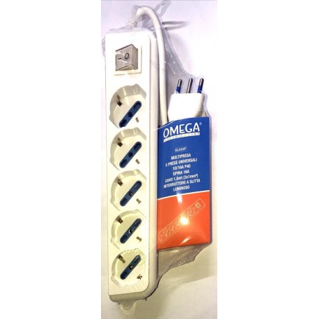 OMEGA MULTIPRESA 5 PRESE UNIVERSALI SHUKO/BIPRESA 10/16A SPINA 16A CAVO 1,5MT BIANCO