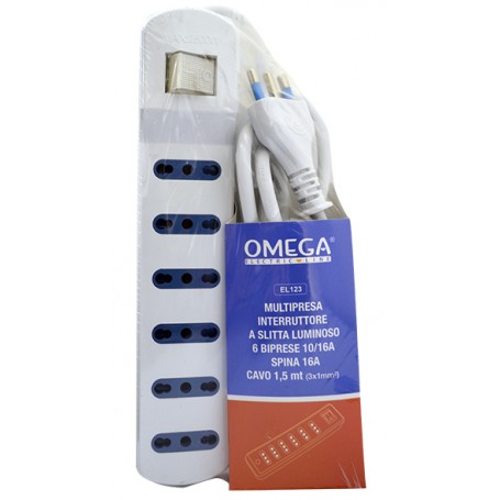 OMEGA MULTIPRESA 6 BPRESE 10/16A 2P+T CAVO 1.5 MT 3x1 mm² SPINA 16A BIANCO