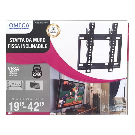 OMEGA STAFFA DA PARETE INCLINABILE PER TV 19"-42" VESA 200X200MM, 100x100MM, 100X200MM COLORE NERO, CARICO MAX:20KG