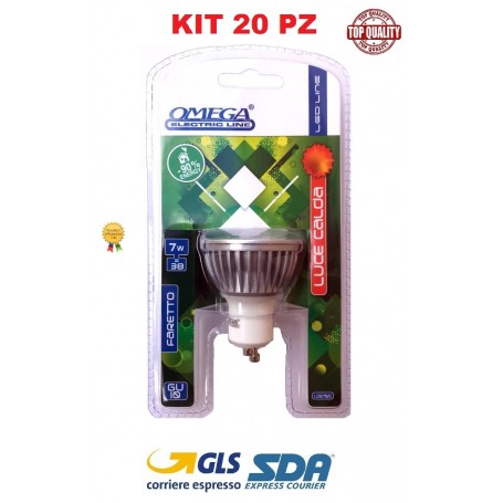 20 PZ OMEGA FARETTO LUCE LED CALDA  GU10 7W 7BULB 3000 DOPPIO BLISTER 400LM 50X55mm 50Hz 220V