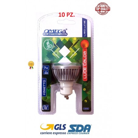 10 PZ. OMEGA FARETTO LUCE LED CALDA GU10 7W 7BULB 3000 DOPPIO BLISTER 400LM 50X55mm 50Hz 220V