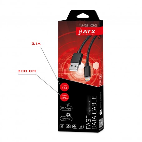 ATX CAVO DATI USB/LIGHTNING TELATO 3MT COLORE BLACK 3,1A