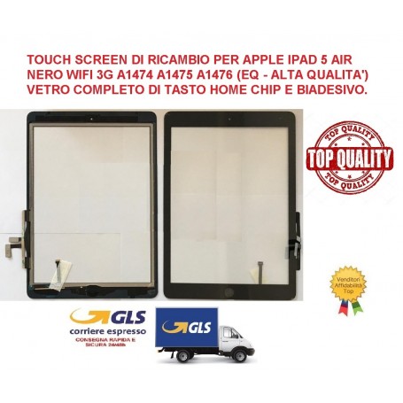 TOUCH SCREEN PER APPLE IPAD 5 AIR NERO A1474 A1475 VETRO+ TASTO+ BIADESIVO