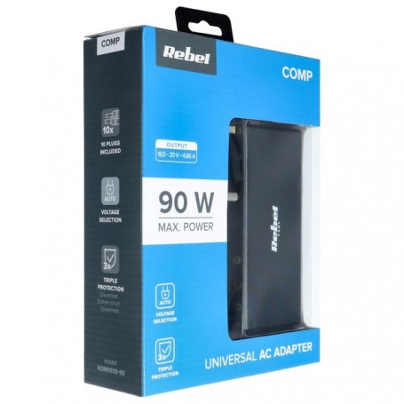 REBEL CARICABATTERIE DA RETE 90W CON 10 CONNETORI SPINE PER HP ACER LENOVO DELL ASUS COMPAQ