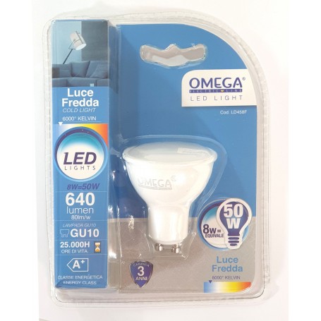 10 PZ. - OMEGA FARETTO GU10 8W LED 6000K 640LM GU10 A+ LUCE FREDDA