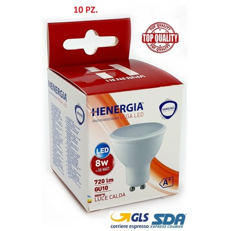 10 PZ. HENERGIA VEGA FARETTO LED GU10 8W 720LM 3000K 220V LUCE CALDA SAMSUNG CHIP INSIDE