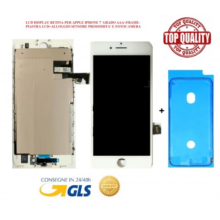 DISPLAY LCD RETINA PER APPLE IPHONE 7 BIANCO GRADO AAA + PIASTRA + ALLOGGI VARI + BIADESIVO