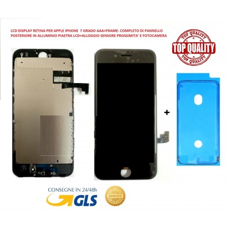 DISPLAY LCD RETINA PER APPLE IPHONE 7 NERO GRADO AAA + PIASTRA + ALLOGGI VARI + BIADESIVO